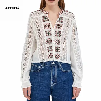 

2019 Women Embroidery White Blouses Long Sleeve Shirt Fashion Tops Women Clothing Roupas Feminina