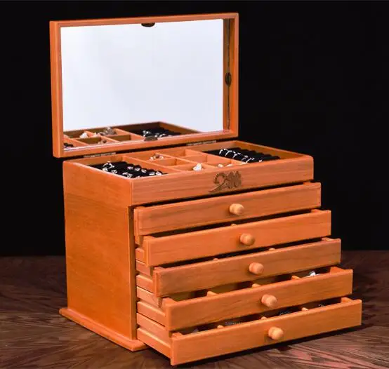 Зеркальный прочный деревянный ящик для хранения косметики ящик для ювелирных украшений Органайзер в стиле ретро большой многослойный свадебный подарок на праздник