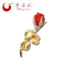 Exquisite Poppy Red flower Rhinestone Broach Gold Plated Leaves Rose Cheap Brooches Mujer Wedding Coustume Bouquet Hijab Pins