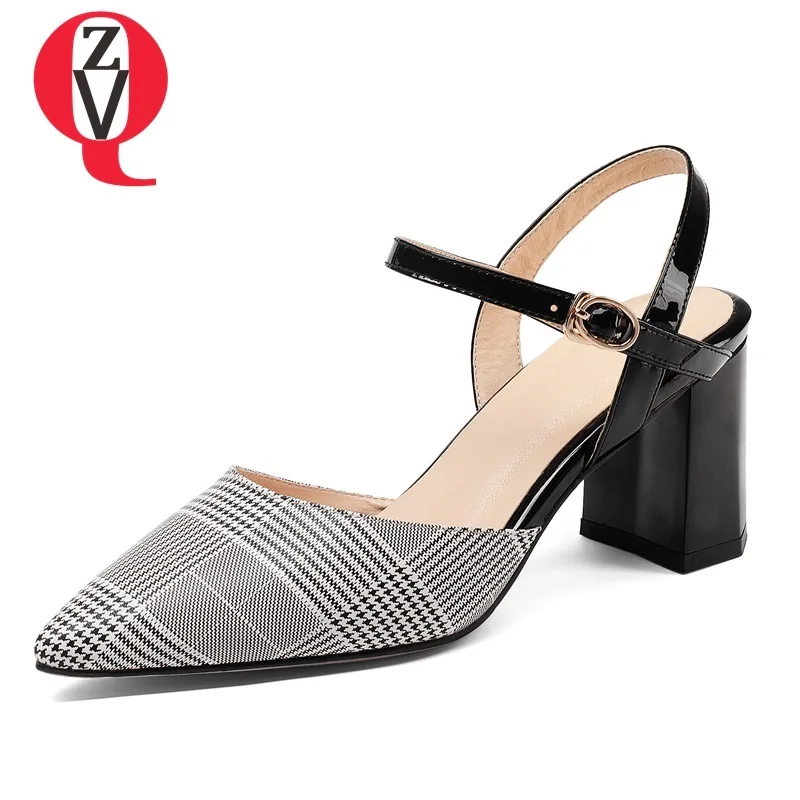 

ZVQ women shoes new fashion genuine leather pointed toe high square heel buckle strap outside large size sexy party lady pumps
