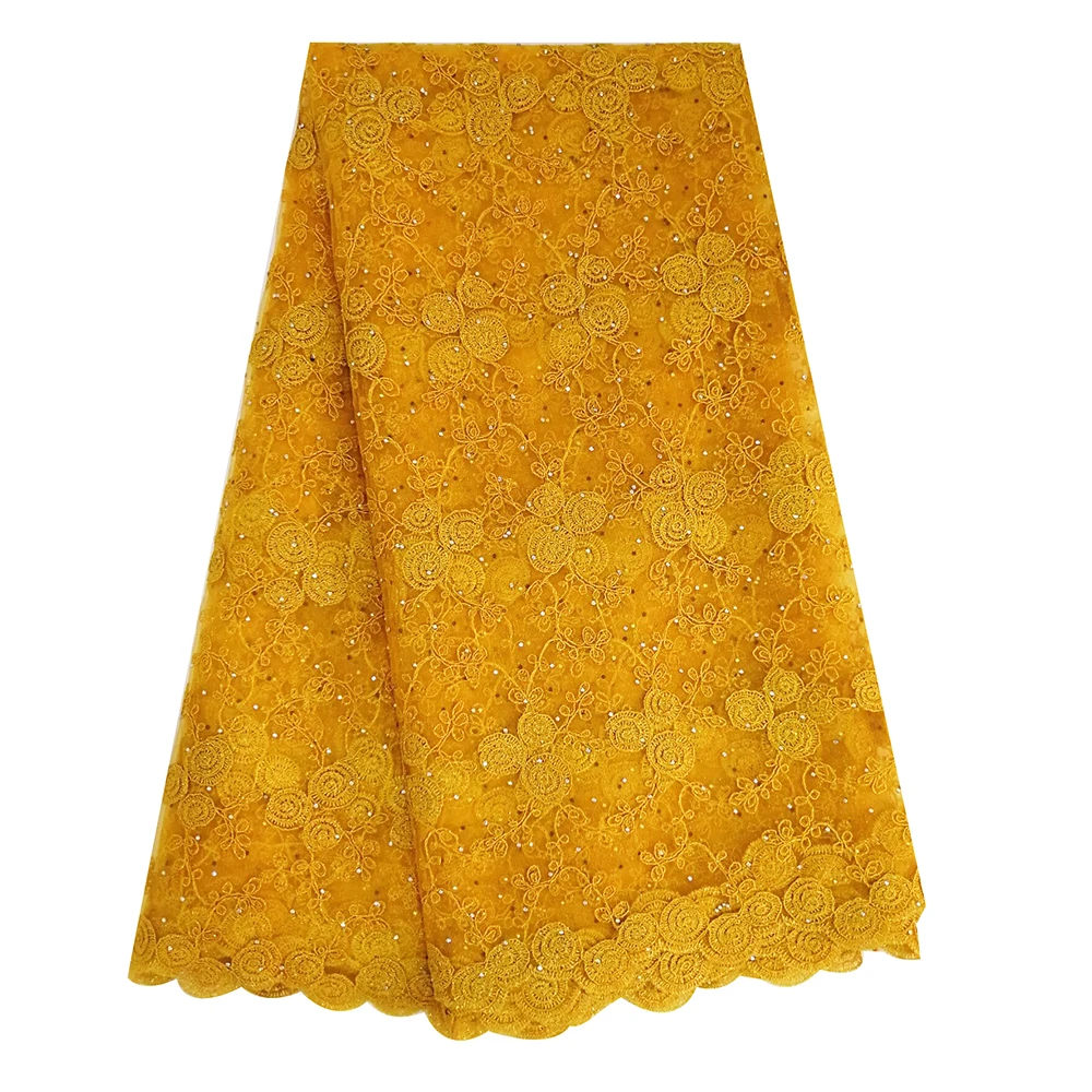 

New Cord Tulle Lace Fabric with Plenty Stones Yellow African Lace Fabrics High Quality Nigerian Lace Fabric for Women Wedding