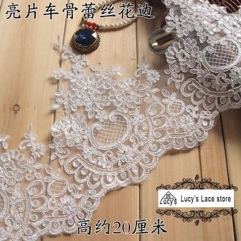 

20CM 6 yards Ivory lace trim with sequins high quality tulle mesh embroidered wedding lace accessories NEW!