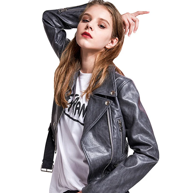 New Fashion Lapel PU Jacket Women Short Slim Motorcycle
