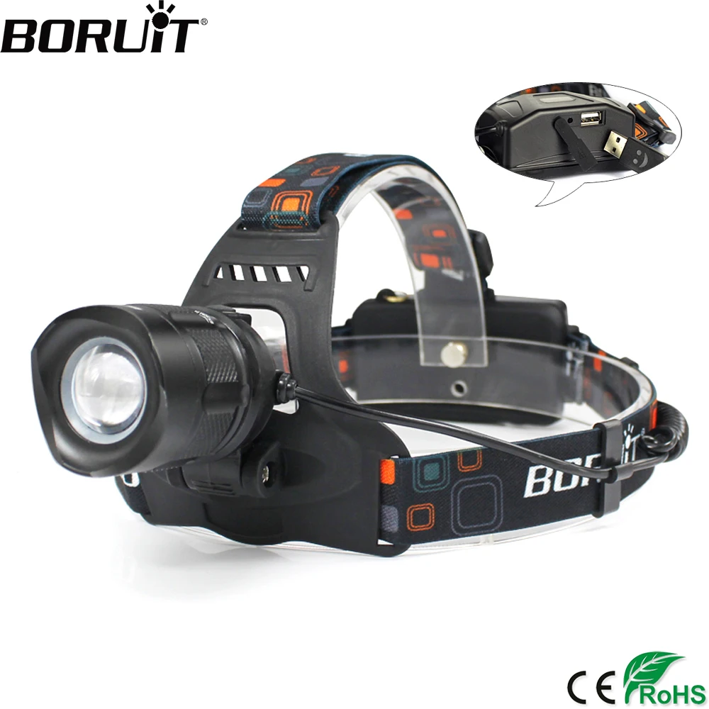 cheap BORUiT RJ 2157 5000lumens XM L2 LED Headlamp 5 Mode Zoom Headlight Rechargeable POWER BANK Head Torch 18650 Battery Flashlight