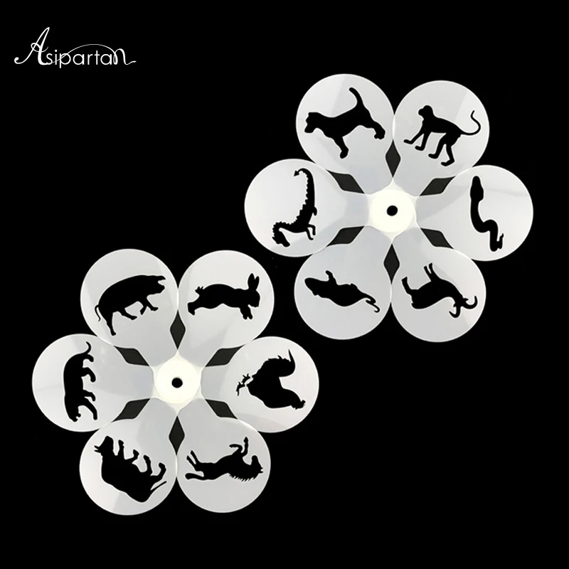 

Asipartan 12 Chinese Zodiac Animals Coffee Stencils Cake Fondant Cookies Decor Cappuccino latte Barista Art Duster Spray Tools