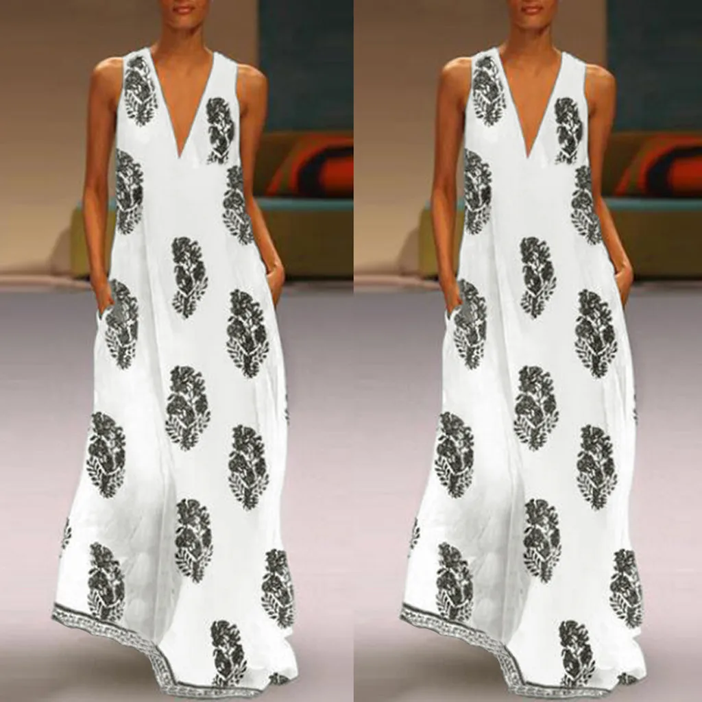 

Summer Ladies Vintage Daily Casual V Neck Sleeveless Plus SizeBoho Floral Vestidos de festa 7.23