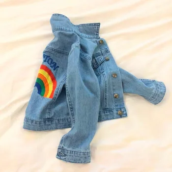 

Girls Jacket and Coat Autumn Spring 2018 Denim Boys Jacket Clothes Denim Rainbow Embroidery Kids Outerwear Children Clothing
