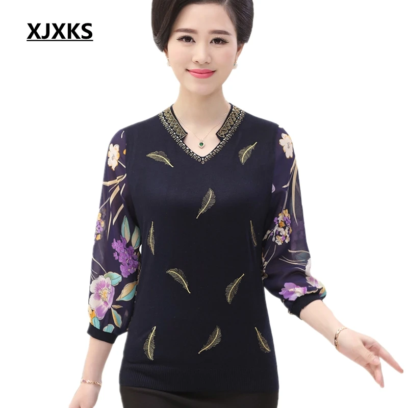 

XJXKS New 2017 Womens Tops And Blouses Spring And Autumn Mother Clothing Sweater Women's v-neck Slim Basic Chiffon Shirt Top