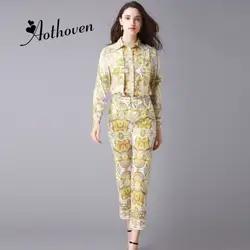 Комплект из 2 предметов, Осенний женский костюм высокого качества с длинными рукавами и отложным воротником, рубашка с принтом и длинные