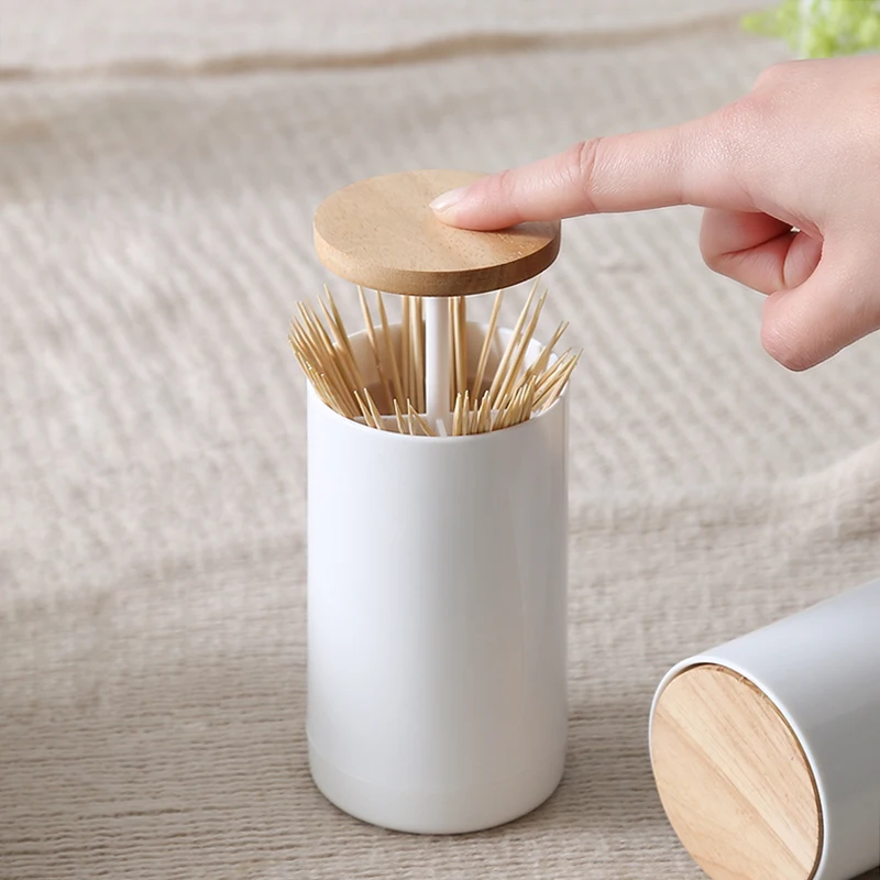 LIYIMENG Pop-up Toothpick Holder Cotton Bud Swabs Dispenser Case Q-tips Holder Storage Organizer Box Table Decoration Kitchen Accessories B1