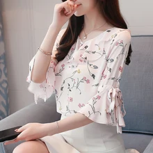 Blusa Ruffled Floral Chiffon Blouse Women's Short Sleeve Shirt 2019 Summer V-Neck Shirt Women Blouses sweet half sleeve round neck ruffled women s chiffon blouse