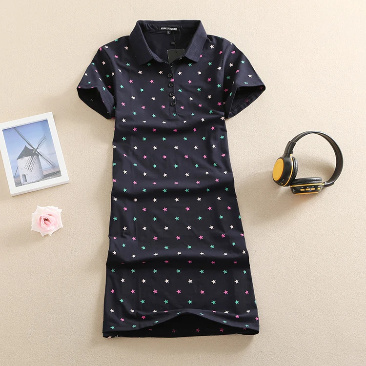 

Baharcelin printed stars Polo Casual Dresses De Festa Short sleeve Femme Summer Tops Clothing One piece Dress Ete Vestidosn