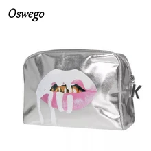 2018 Fashion Bling Bling Silver Lip PU Leather Toiletries Bag Zipper Storage Pouch Portable Women Travel Cosmetic Bag Kosmetikum