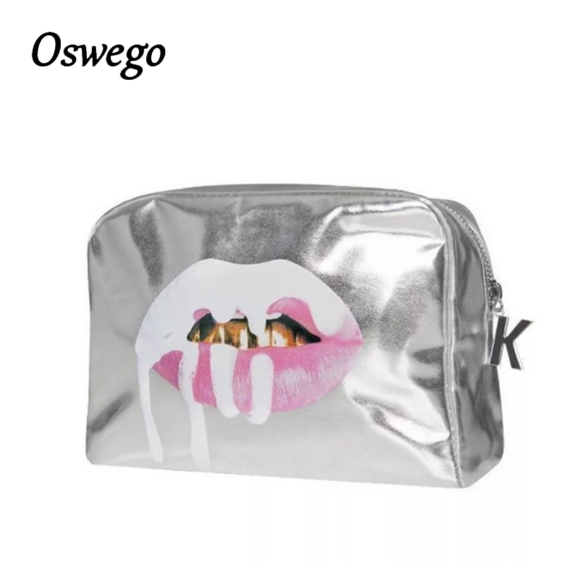 2018 Moda Bling Bling Lábio Prata Artigos De Higiene Pessoal Bolsa de Couro PU Zipper Mulheres Viagem Bolsa De Armazenamento Portátil Saco de Cosmética Kosmetikum