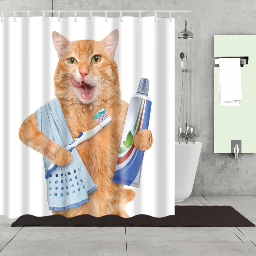 Funny Cat Shower Curtains for Bathroom Fat Cat Brushing Teeth Design