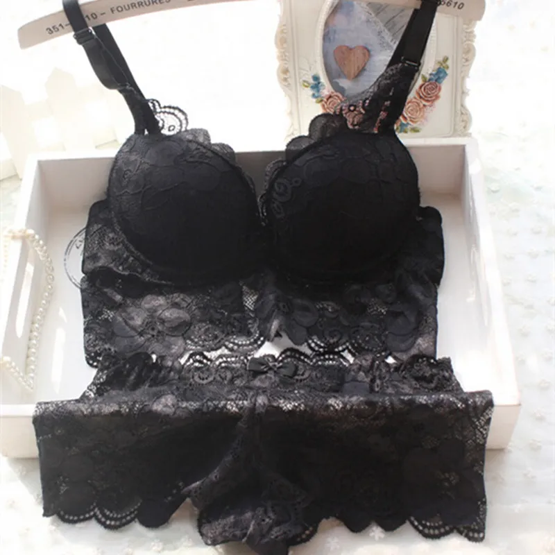 

Vest design comfortable push up deep V-neck women's sexy bra small cutout lace underwear set