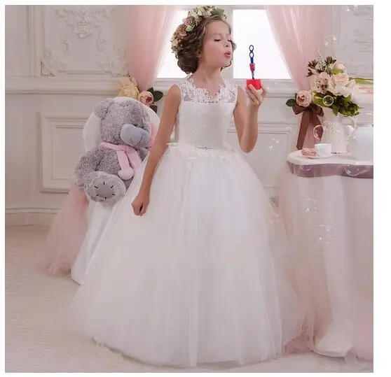 

Girl's Long Formal Dress 2017 Flower Girls Princess Dresses Kids Lace Backless Bow Party Ball Gown Children's Wedding Dress