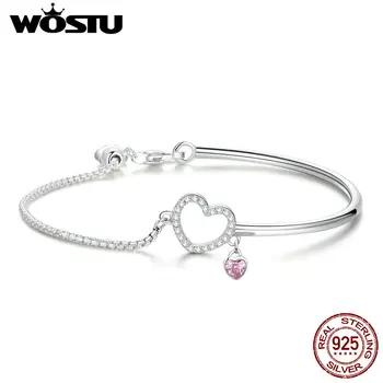 

WOSTU Authentic 100% 925 Sterling Silver Pink Love Charm Bracelet Bangle For Women Anniversary Romantic Jewelry Gift CQB117