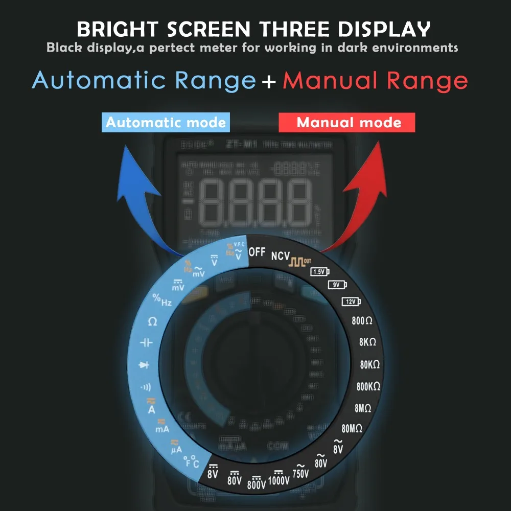 Beste Digitale Multimeter Bside ZT M1 Auto Manual 3 Lijn Triple Display Spanning Batterij Tester Vfc Vierkante Wave Output Capaciteit test