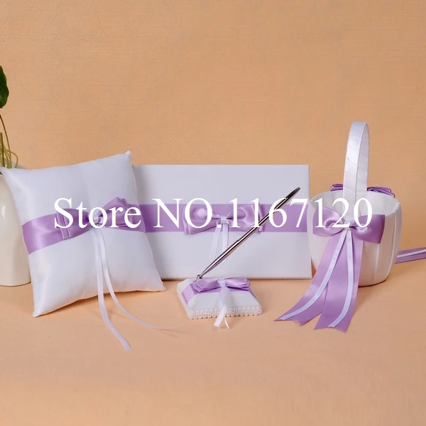 

White and Lavender Bowknot Wedding Guest Book Pen Holder Ring Pillow Basket Set accessories Party Supplies(N5)