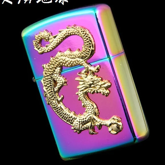 Retail Kerosene Vintage Style Relief Dragon Lighter Windproof oil Metal smooth grinding wheel