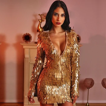 

Adyce 2020 New Spring Gold Sequined Celebrity Evening Party Dress Women Vestidos Elegant Sexy Long Sleeve Deep V Mini Club Dress