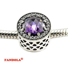 Подходит для браслетов Pandora, Сияющие сердечки, бусины с королевским фиолетовым кристаллом, подлинные 925 пробы серебряные амулеты, ювелирные изделия