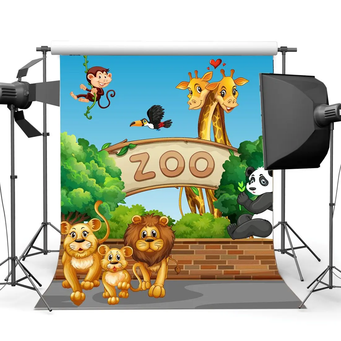 

Animals Zoo Backdrop Cartoon Backdrops Tiger Lion Monky and Giraffe Green Trees Blue Sky Sweet Background