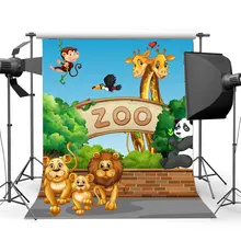 Fondo de animales de zoológico de dibujos animados telón de fondo tigre león Monky y jirafa árboles verdes cielo azul Fondo dulce