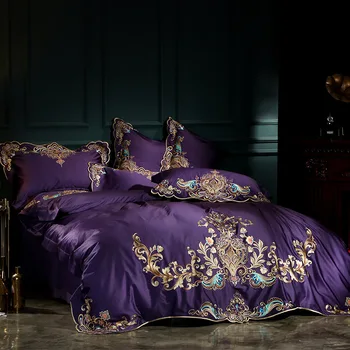 

PurpleLuxury Egyptian Cotton Embroidery Royal Bedding Set King Queen Wedding Bed Sheet set Duvet cover Pillowcase blue 4/6pcs