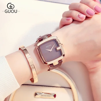 

GUOU Brand Watch 2018 New Design Fashion Watch Women Leather Band Watches Square Dial Quartz Luxury Ladies WristWatch Reloj
