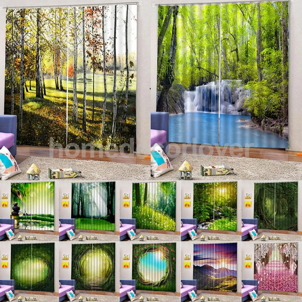 

2Pcs Scenery Drapes Blackout Waterproof Mold-proof Anti-UV Silky Polyester Window Curtain Bedroom Bathroom Curtain Valance Voile
