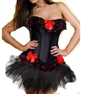 

TOP Sexy Burlesque Satin Lace UP Overbust Corset Bustier Skirt Stockings QC8