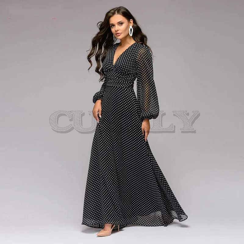 

CUERLY Bohemian Retro Dot Printed Women Dress Spring Summer Deep V-neck Sexy lantern full Sleeve Chiffon Long Dresses