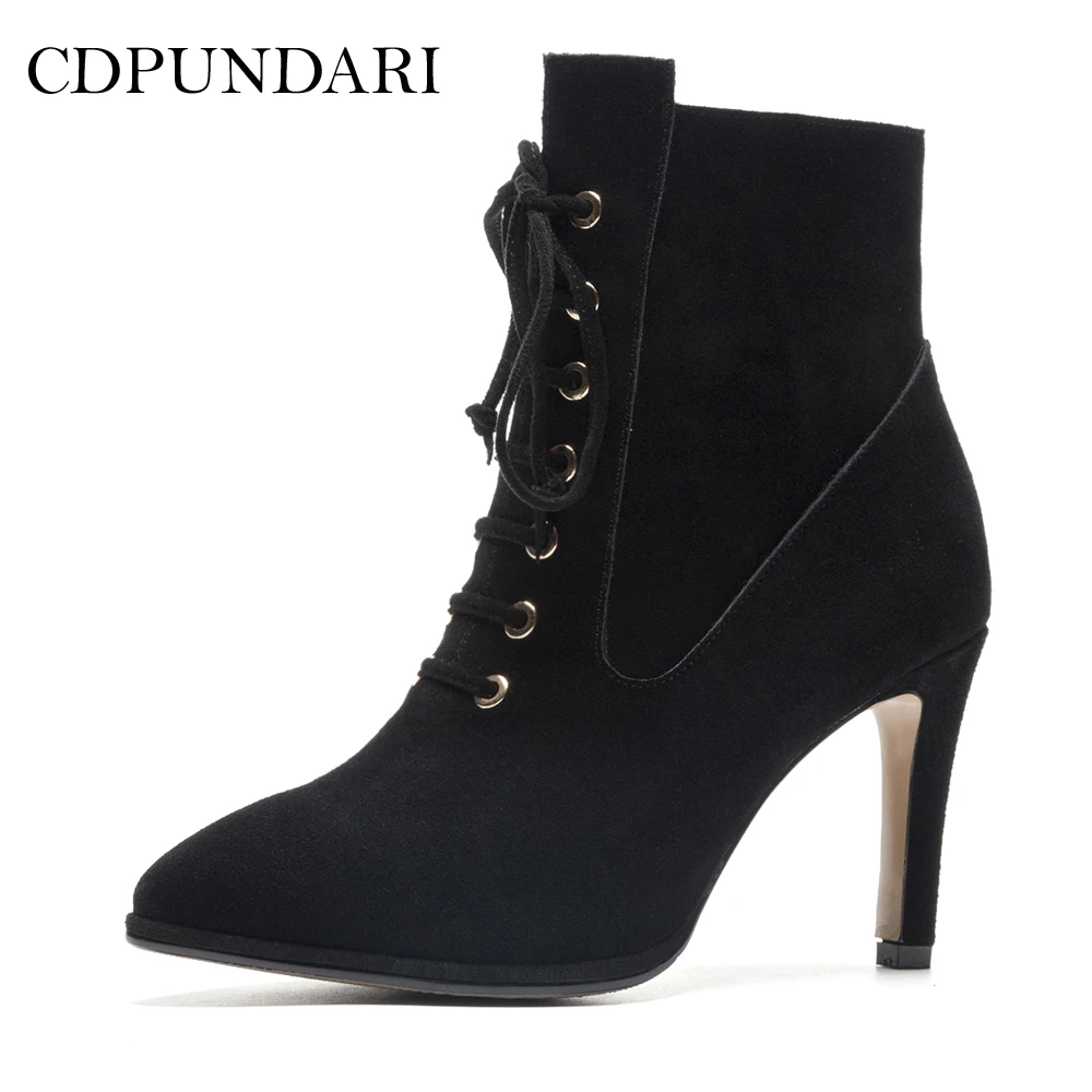 

CDPUNDARI Genuine Leather Ankle boots for women High heel boots Ladies Cross-tied winter shoes woman
