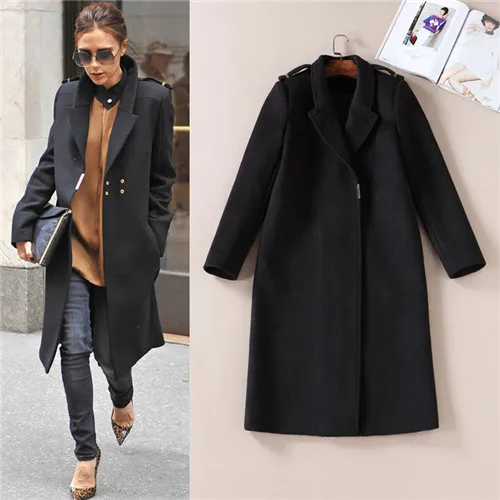Otoño Invierno 2017 de La Celebridad Victoria Beckham Largo Abrigo de Lana Abrigo Lana Turn down Collar Negro Grueso Abrigos de Cachemira|long wool coat women|long wool coatwool coat women -