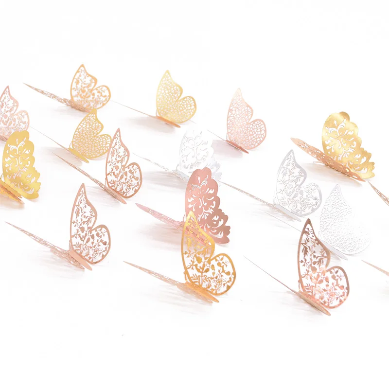 12 Pcs/Set 3D Hollow Butterflies Wall Stickers For Fridge Door Sticker 3 Sizes Silver Rose Gold Home Wedding Decor Paper Crafts