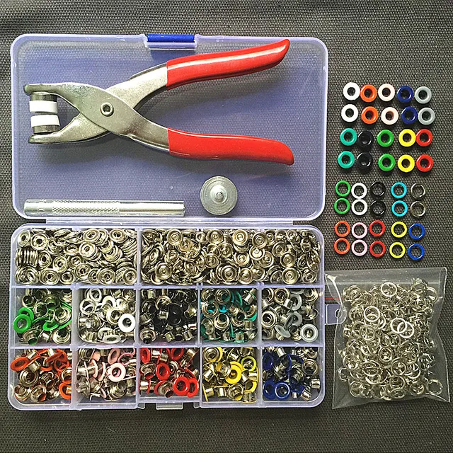 Alicates + 1 Juego de Herramientas de ojales + 100 juegos de 10 colores, botones a presión de 9,5mm, botones de presión, hebilla + 200 ojales de 5mm, 1 ud.