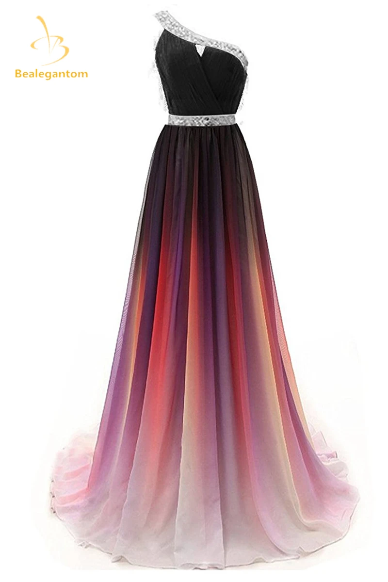 Bealegantom 2019 Gradiënt Een Schouder Chiffon Prom Avondjurken Kralen Plus Size Ombre Partij Jassen Vestido Longo QA1232 Bealegantom 2019 Gradiënt Een Schouder Chiffon Prom Avondjurken Kralen Plus Size Ombre Partij Jassen Vestido Longo QA1232