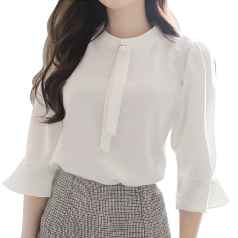 

White Blouse women ruffles sleeved chiffon blouse pearl Korean fashion solid slim female Office lady shirts tops