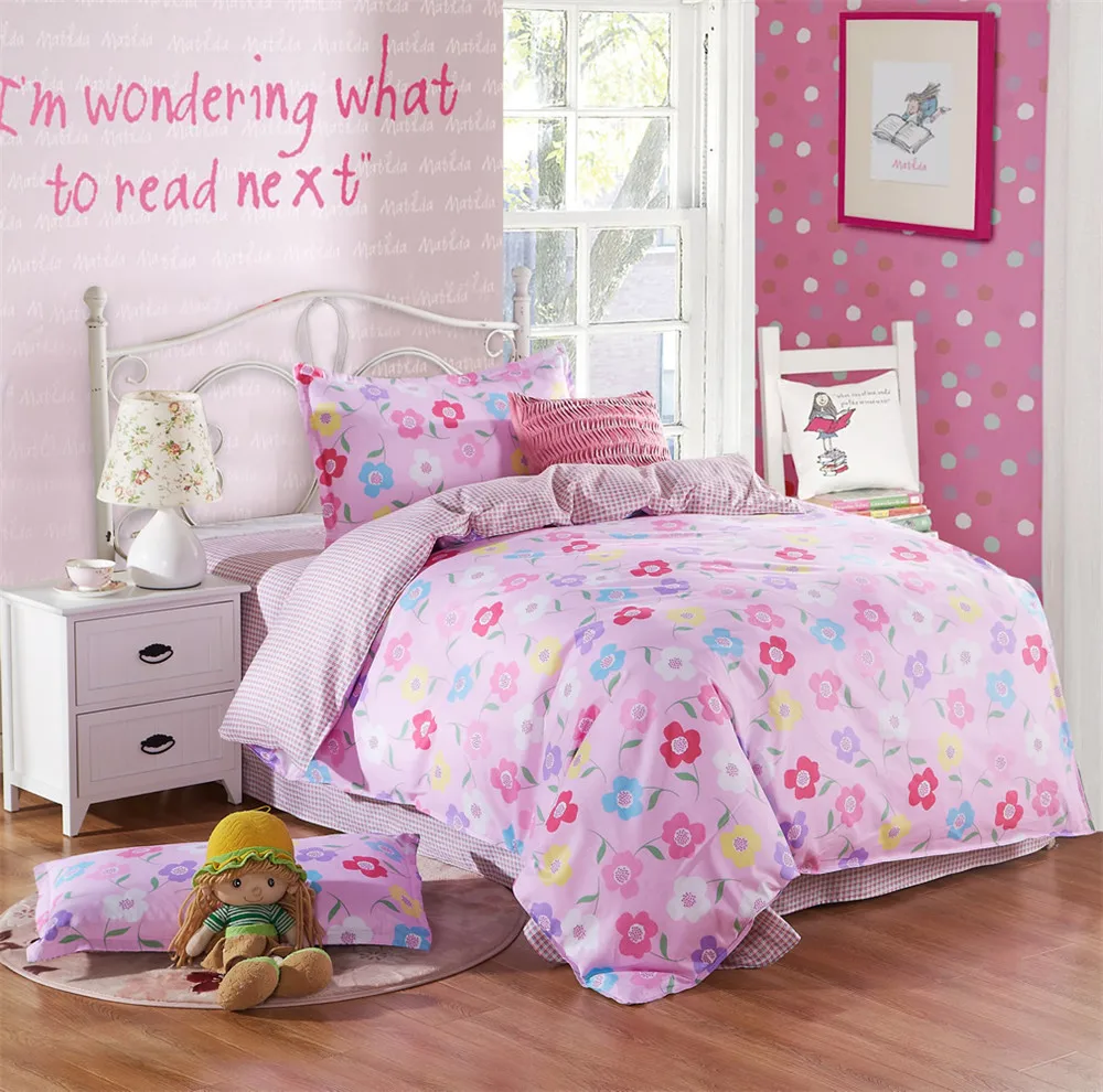 

New garden flower plaid print princess/kid/gir; bedding set quality full cotton ruffle duvet cover elegant bed sheet pillowcase