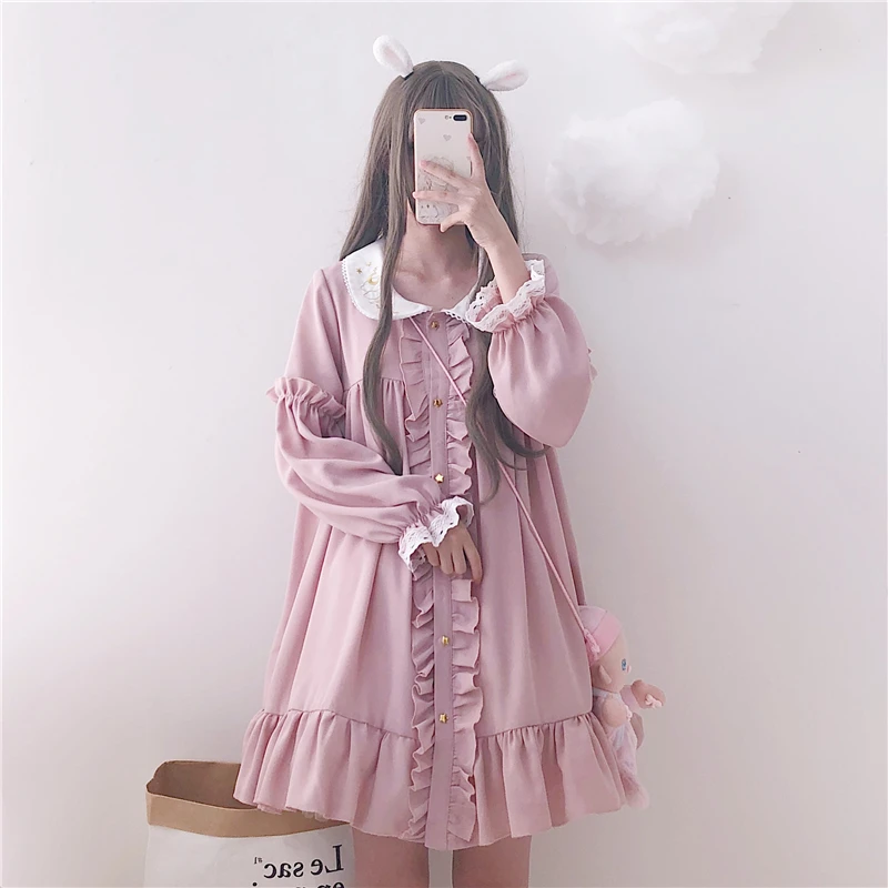 Woherb 2020 Summer Dress Women Harajuku Pink Ladies Ruffle Lace Patch Kawaii Dresses Lolita Cosplay Sweet Loose Vestidos 21092