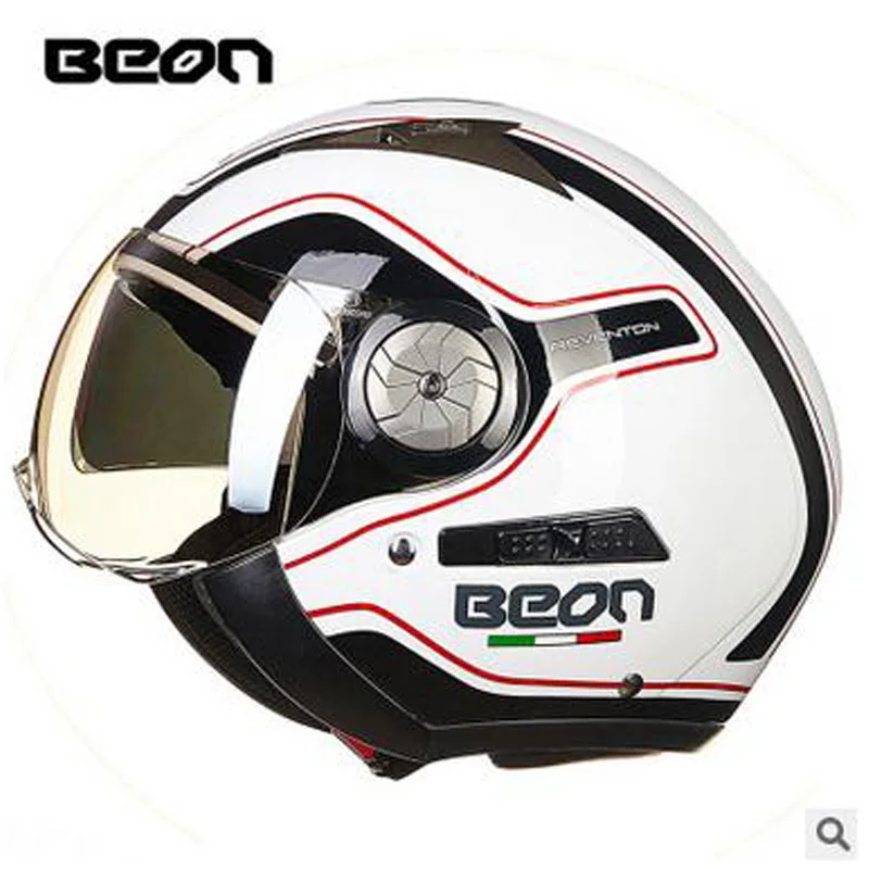BEON открытым лицом 3/4 Moto шлемы винтажные мужские и женские двойной козырек Moto rcycle Moto rbike шлем - Цвет: bright white blackre