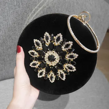 

2019 new custom high-grade velvet sun flower rhinestone diamond ring female hand clutch night party bag