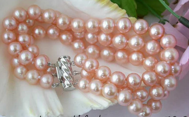 

00804 Natural 3row 8" 9mm pink fw pearl bracelet bangle (A0502)