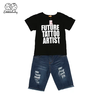 

1-6T Toddler Kids Baby Boys Outfits Summer Tops Cotton Letter T-Shirt Ripped Denim Pants Clothes Suit