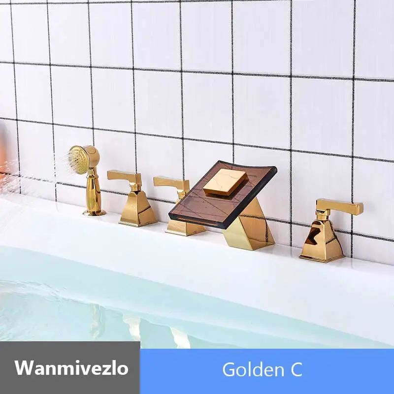 Черный Бронзовый 5 шт. водопад кран для ванны латунный водопад кран для ванной комнаты 3 ручки смеситель кран Torneiras выдвижной ручной душ - Цвет: Golden  C