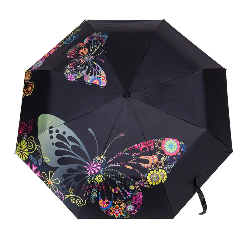 Goede Vrouwen Zon Bescherming Parasol Zwarte Coating Vlinder Afdrukken Zonnige en Regenachtige Paraplu voor Meisje Regen Gereedschap Buiten YS119