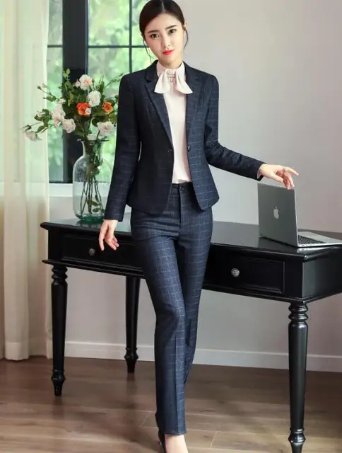 Stylish Plaid Pant Suits Women Temperament Office Lady Business Work ...