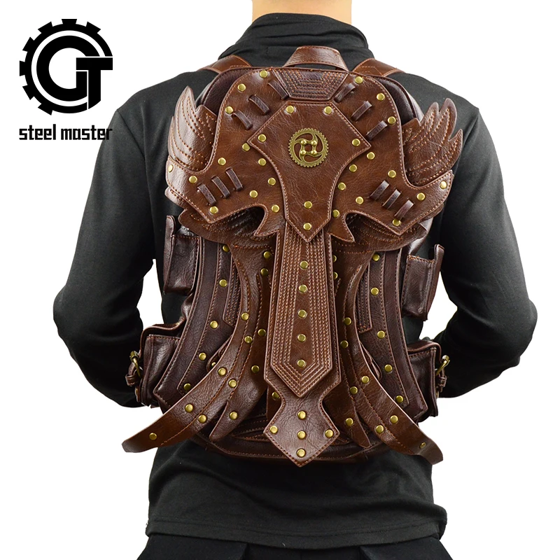 

Steampunk Double Backpack Retro Fashion Gothic Retro Rock Bag PU Leather Men's Brown Detachable Wing Backpack